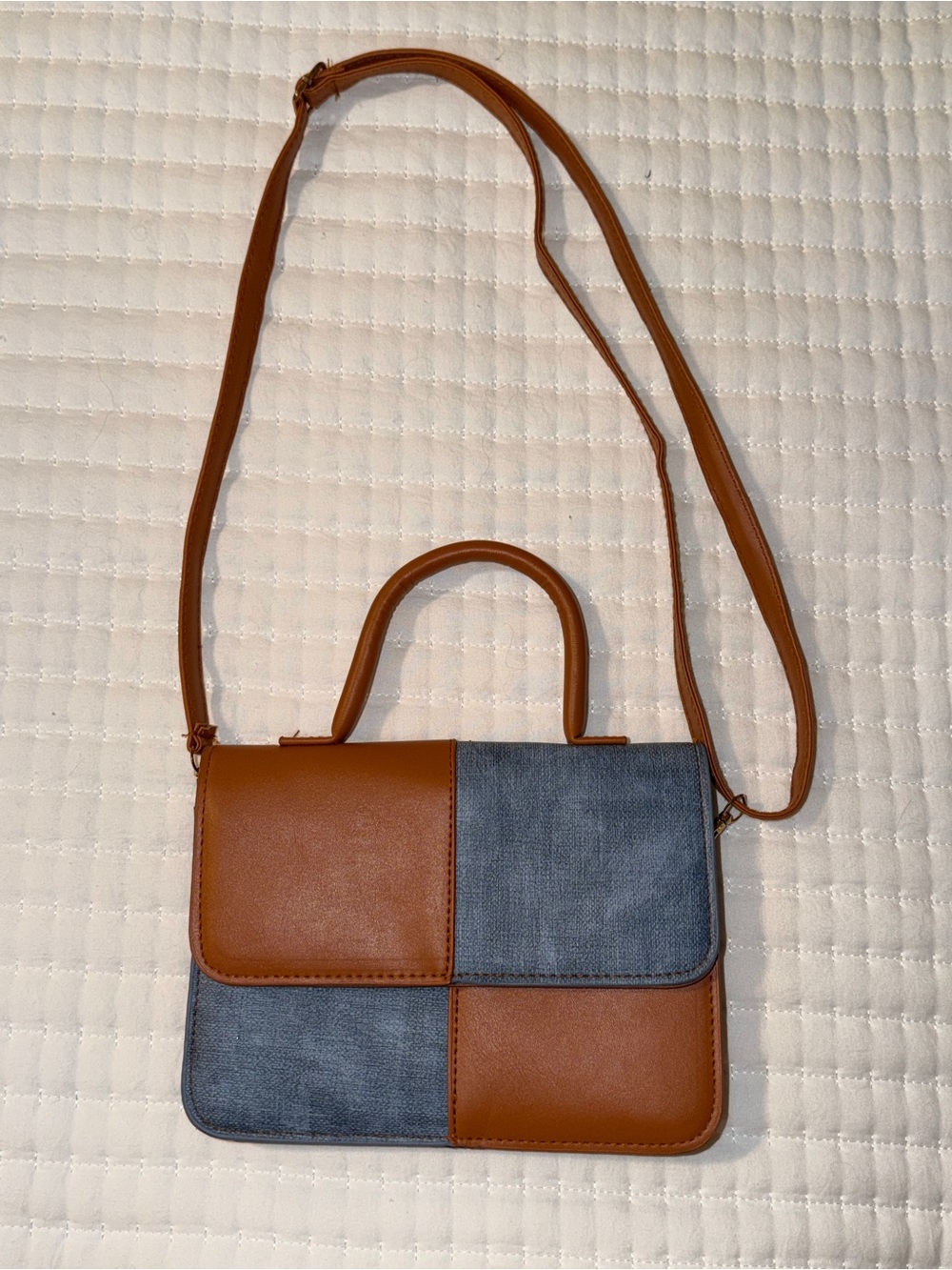 Women’s Two-Tone Brown and Blue Patchwork Crossbody Handbag - Picture 1 of 4